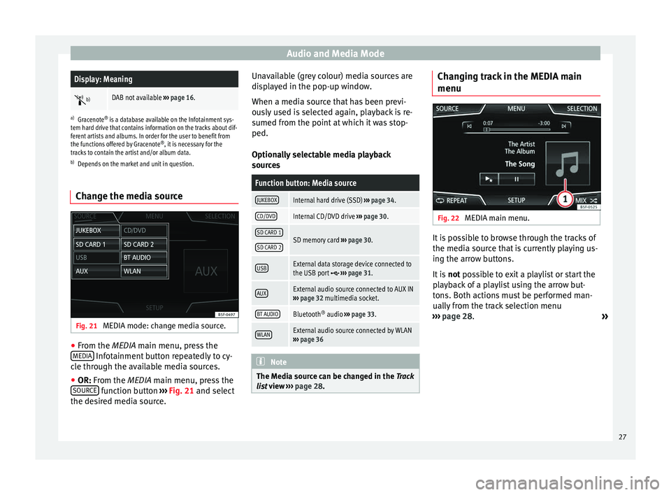 Seat Leon SC 2014  NAVI SYSTEM PLUS Audio and Media ModeDisplay: Meaning

b)DAB not available 
››› page 16.
a)
Gracenote ®
 is a database available on the Infotainment sys-
tem hard drive that contains information on the track