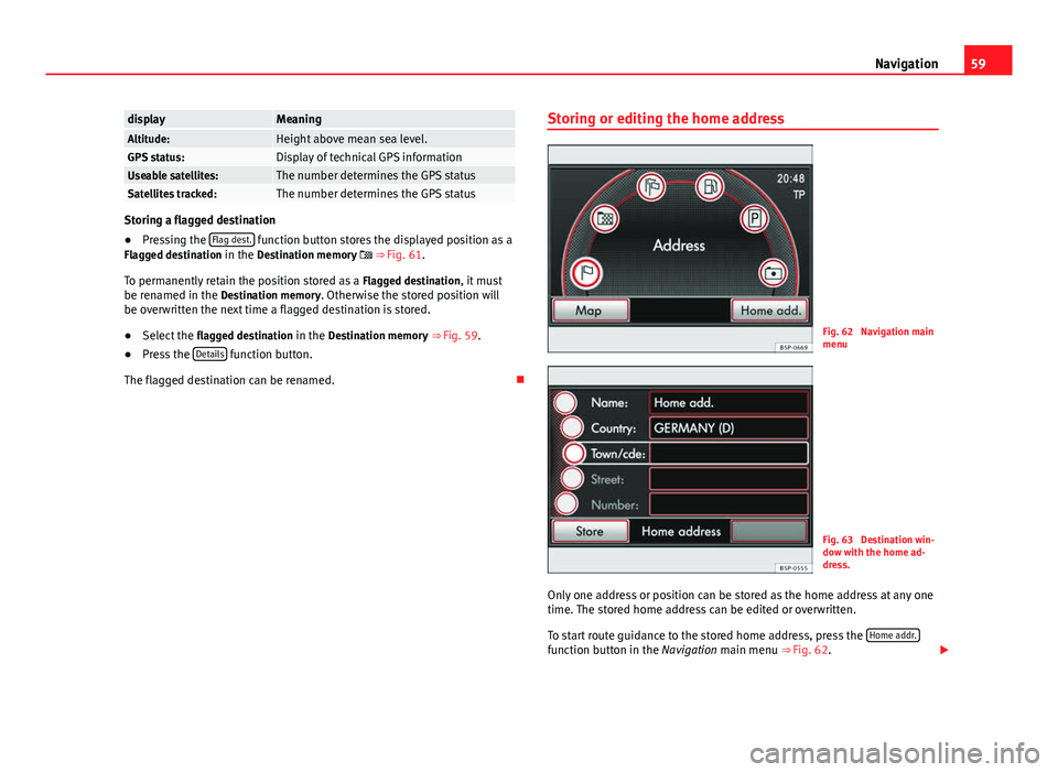 Seat Leon SC 2014 MEDIA SYSTEM 2.2 59
Navigation
displayMeaningAltitude:Height above mean sea level.GPS status:Display of technical GPS informationUseable satellites:The number determines the GPS statusSatellites tracked:The number det Seat Leon SC 2014 MEDIA SYSTEM 2.2 59
Navigation
displayMeaningAltitude:Height above mean sea level.GPS status:Display of technical GPS informationUseable satellites:The number determines the GPS statusSatellites tracked:The number det
