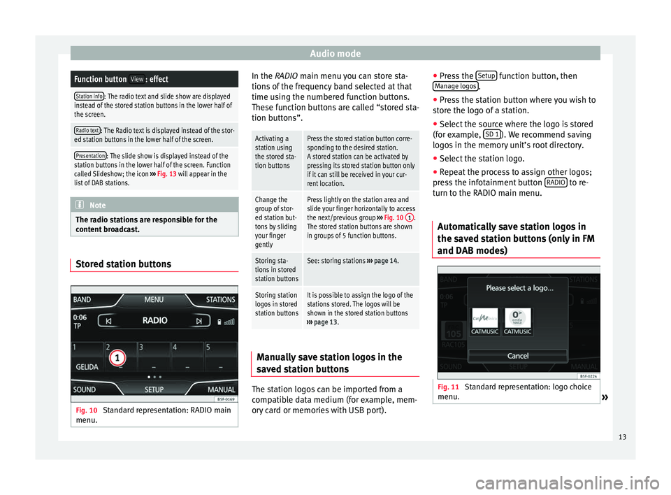 Seat Leon Sportstourer 2014  MEDIA SYSTEM PLUS - NAVI SYSTEM Audio modeFunction button 
View: effect
Station info: The radio text and slide show are displayed
instead of the stored station buttons in the lower half of
the screen.
Radio text: The Radio text is d