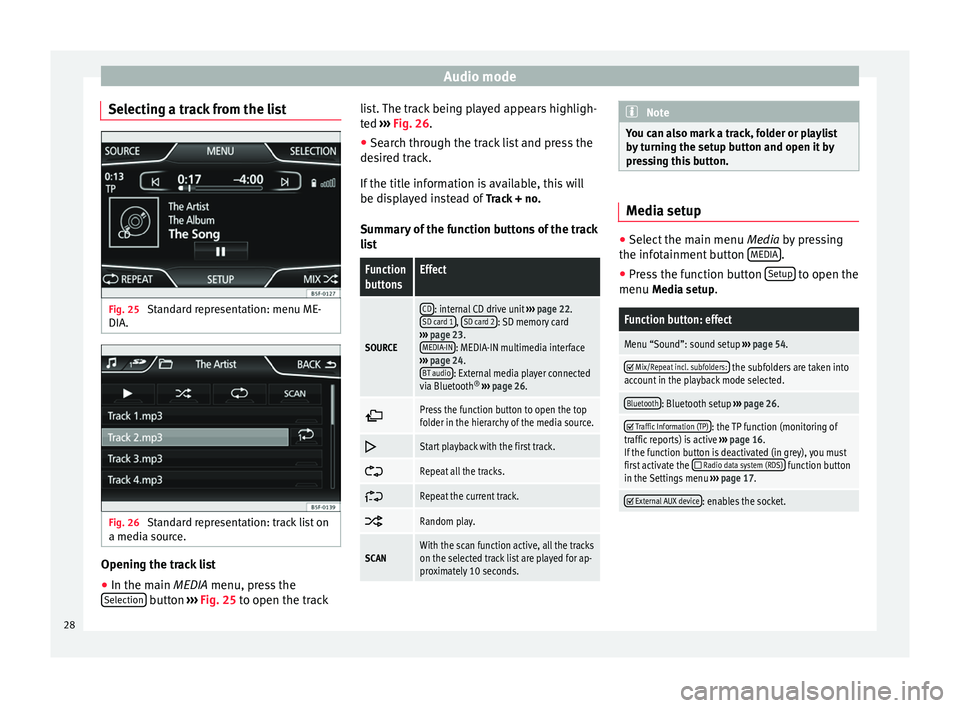 Seat Leon Sportstourer 2014 MEDIA SYSTEM PLUS - NAVI SYSTEM Audio mode
Selecting a track from the list Fig. 25
Standard representation: menu ME-
DIA. Fig. 26
Standard representation: track list on
a media source. Opening the track list
● In the main MEDIA Seat Leon Sportstourer 2014 MEDIA SYSTEM PLUS - NAVI SYSTEM Audio mode
Selecting a track from the list Fig. 25
Standard representation: menu ME-
DIA. Fig. 26
Standard representation: track list on
a media source. Opening the track list
● In the main MEDIA