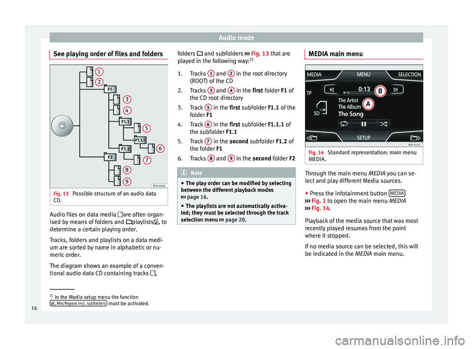 Seat Leon Sportstourer 2014  MEDIA SYSTEM TOUCH - COLOUR Audio mode
See playing order of files and folders Fig. 13 
Possible structure of an audio data
CD. Audio files on data media 
are often organ-
ised by means of folders and  playlists, to
dete