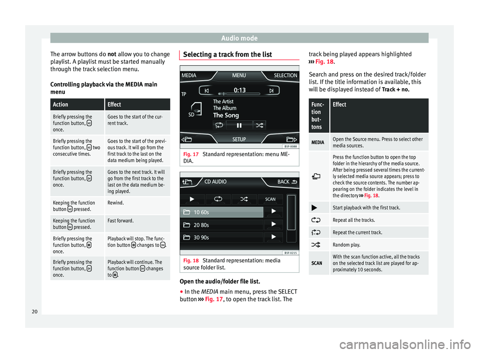 Seat Leon Sportstourer 2014  MEDIA SYSTEM TOUCH - COLOUR Audio mode
The arrow buttons do  not allow you to change
p l
aylist. A playlist must be started manually
through the track selection menu.
Controlling playback via the MEDIA main
menu
ActionEffect
Bri