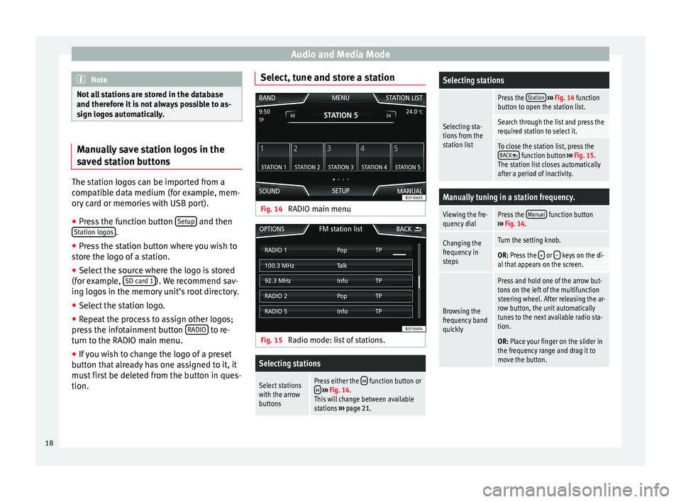 Seat Leon Sportstourer 2014  NAVI SYSTEM PLUS Audio and Media Mode
Note
Not all stations are stored in the database
and therefore it is not always possible to as-
sign logos automatically. Manually save station logos in the
saved station buttons
