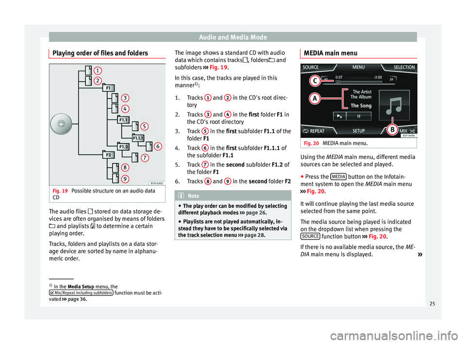 Seat Leon Sportstourer 2014  NAVI SYSTEM PLUS Audio and Media Mode
Playing order of files and folders Fig. 19 
Possible structure on an audio data
CD The audio files 
 stored on data storage de-
vices are often organised by means of folders
�