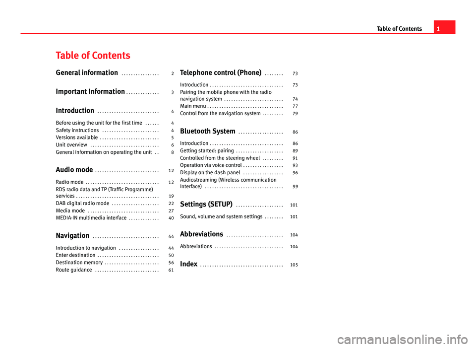 Seat Leon Sportstourer 2014  MEDIA SYSTEM 2.2 Table of Contents
General information . . . . . . . . . . . . . . . . 2
Important Information  . . . . . . . . . . . . . . 3
Introduction  . . . . . . . . . . . . . . . . . . . . . . . . . . 4
Before 