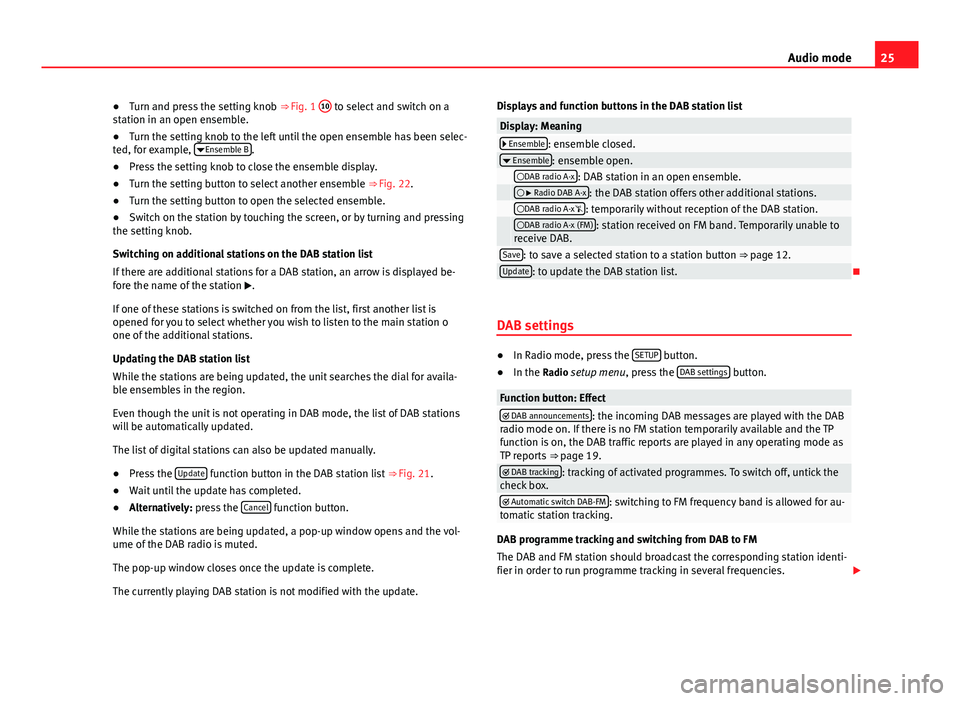 Seat Leon Sportstourer 2014  MEDIA SYSTEM 2.2 25
Audio mode
● Turn and press the setting knob  ⇒ Fig. 1 10
 to select and switch on a
station in an open ensemble.
● Turn the setting knob to the left until the open ensemble has been selec-