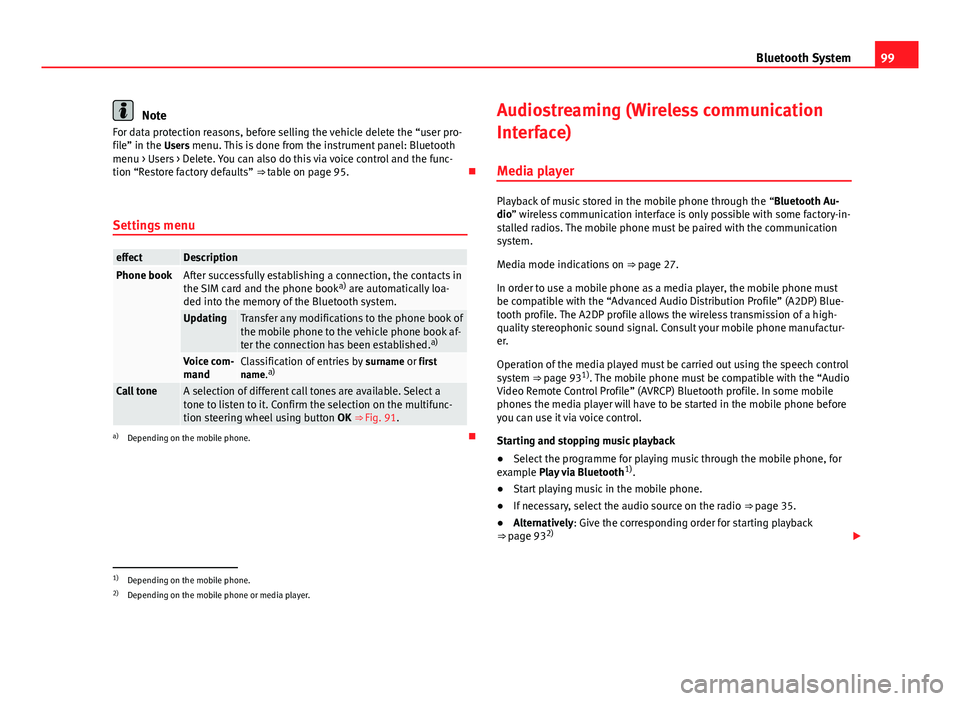 Seat Leon Sportstourer 2014  MEDIA SYSTEM 2.2 99
Bluetooth System
Note
For data protection reasons, before selling the vehicle delete the “user pro-
file” in the Users menu. This is done from the instrument panel: Bluetooth menu > Users > Del