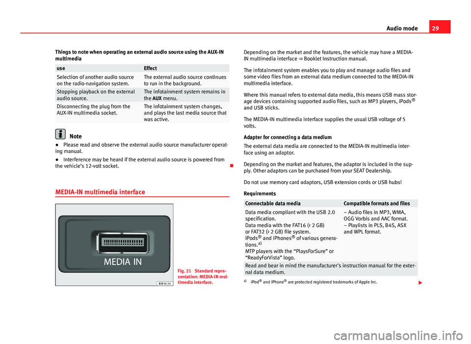 Seat Leon 5D 2013 MEDIA SYSTEM PLUS - NAVI SYSTEM 29Audio modeThings to note when operating an external audio source using the AUX-INmultimediauseEffectSelection of another audio sourceon the radio-navigation system.The external audio source continue Seat Leon 5D 2013 MEDIA SYSTEM PLUS - NAVI SYSTEM 29Audio modeThings to note when operating an external audio source using the AUX-INmultimediauseEffectSelection of another audio sourceon the radio-navigation system.The external audio source continue