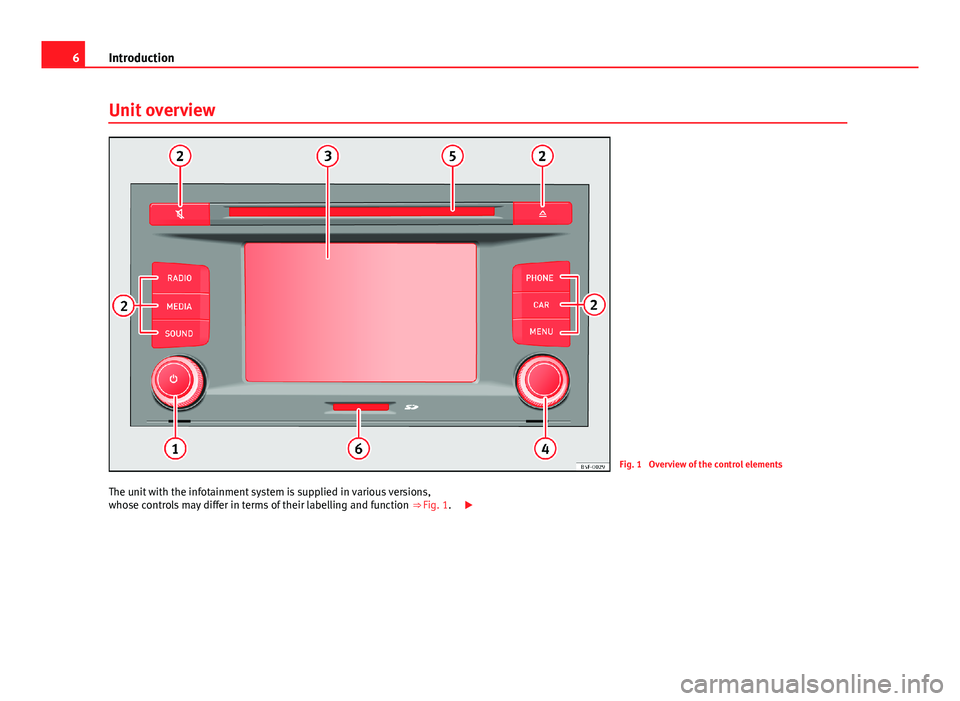 Seat Leon 5D 2013  MEDIA SYSTEM TOUCH - COLOUR 6IntroductionUnit overviewFig. 1 
Overview of the control elements
The unit with the infotainment system is supplied in various versions,whose controls may differ in terms of their labelling and funct