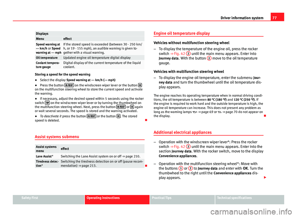 Seat Leon SC 2013  Owners manual 77
Driver information system
DisplaysMenueffectSpeed warning at
--- km/h or Speed
warning at --- mphIf the stored speed is exceeded (between 30 - 250 km/
h, or 19 - 155 mph), an audible warning is giv