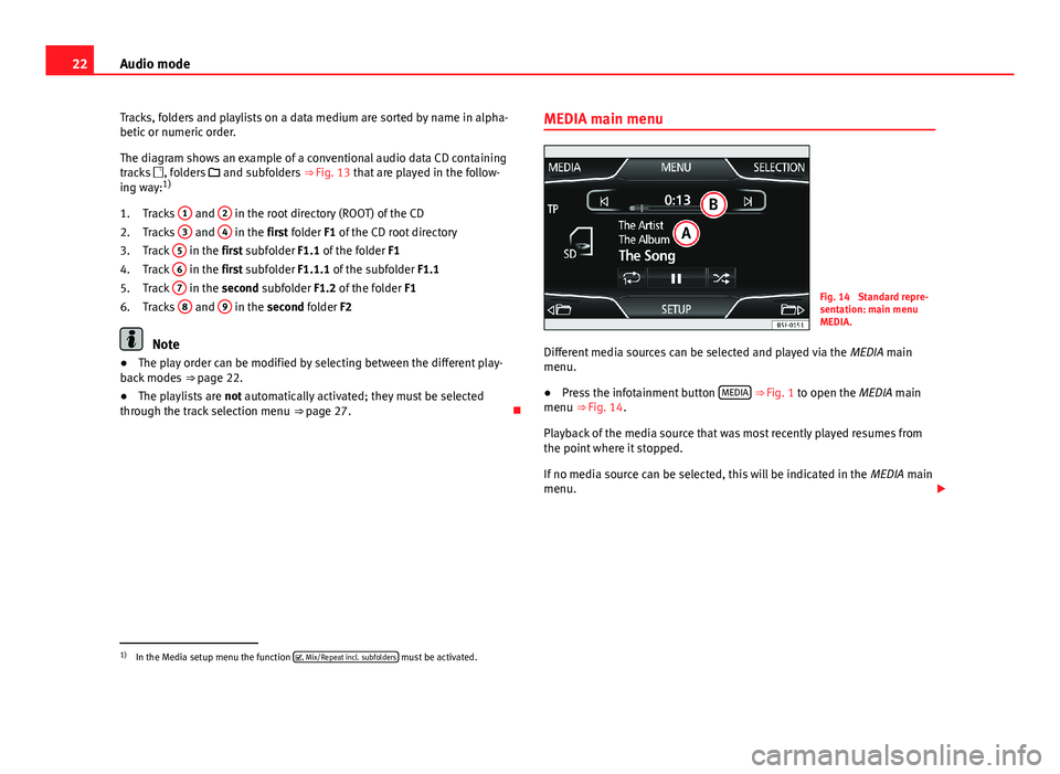 Seat Leon SC 2013  MEDIA SYSTEM TOUCH - COLOUR 22Audio modeTracks, folders and playlists on a data medium are sorted by name in alpha-betic or numeric order.
The diagram shows an example of a conventional audio data CD containingtracks , folder