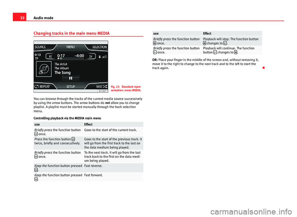 Seat Leon Sportstourer 2013 MEDIA SYSTEM PLUS - NAVI SYSTEM 32Audio modeChanging tracks in the main menu MEDIAFig. 23
Standard repre-sentation: menu MEDIA.
You can browse through the tracks of the current media source successivelyby using the arrow buttons. T Seat Leon Sportstourer 2013 MEDIA SYSTEM PLUS - NAVI SYSTEM 32Audio modeChanging tracks in the main menu MEDIAFig. 23
Standard repre-sentation: menu MEDIA.
You can browse through the tracks of the current media source successivelyby using the arrow buttons. T