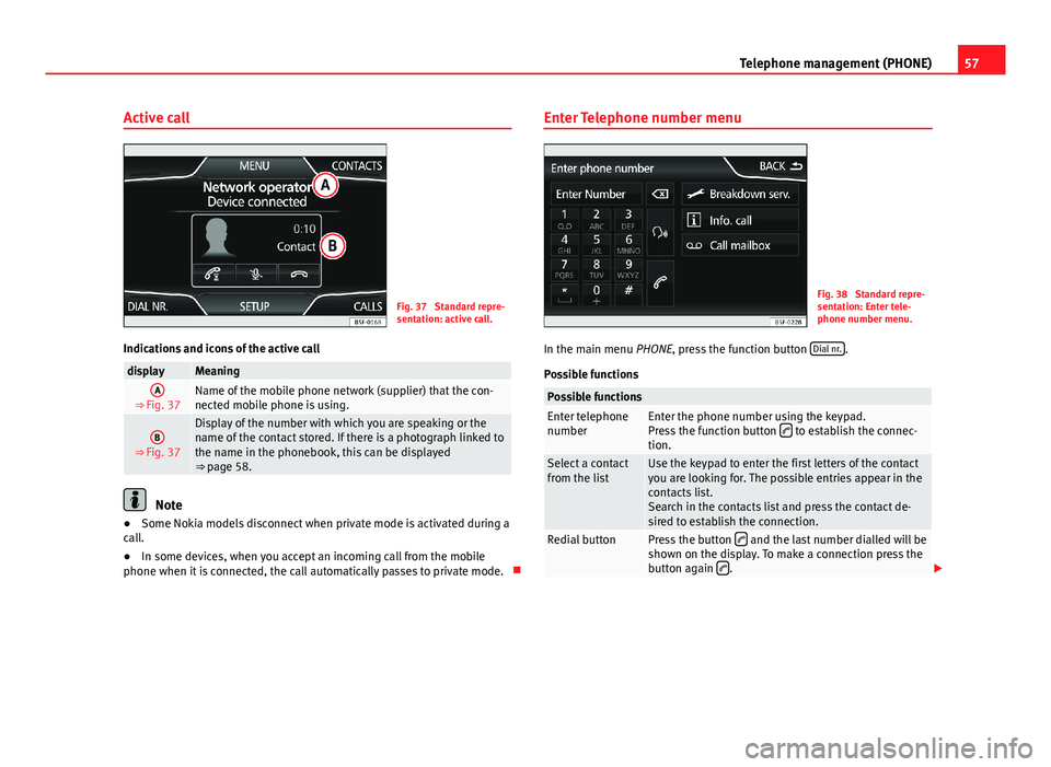 Seat Leon Sportstourer 2013 MEDIA SYSTEM PLUS - NAVI SYSTEM 57Telephone management (PHONE)Active callFig. 37
Standard repre-sentation: active call.
Indications and icons of the active call
displayMeaningA
⇒ Fig. 37Name of the mobile phone network (supplie Seat Leon Sportstourer 2013 MEDIA SYSTEM PLUS - NAVI SYSTEM 57Telephone management (PHONE)Active callFig. 37
Standard repre-sentation: active call.
Indications and icons of the active call
displayMeaningA
⇒ Fig. 37Name of the mobile phone network (supplie
