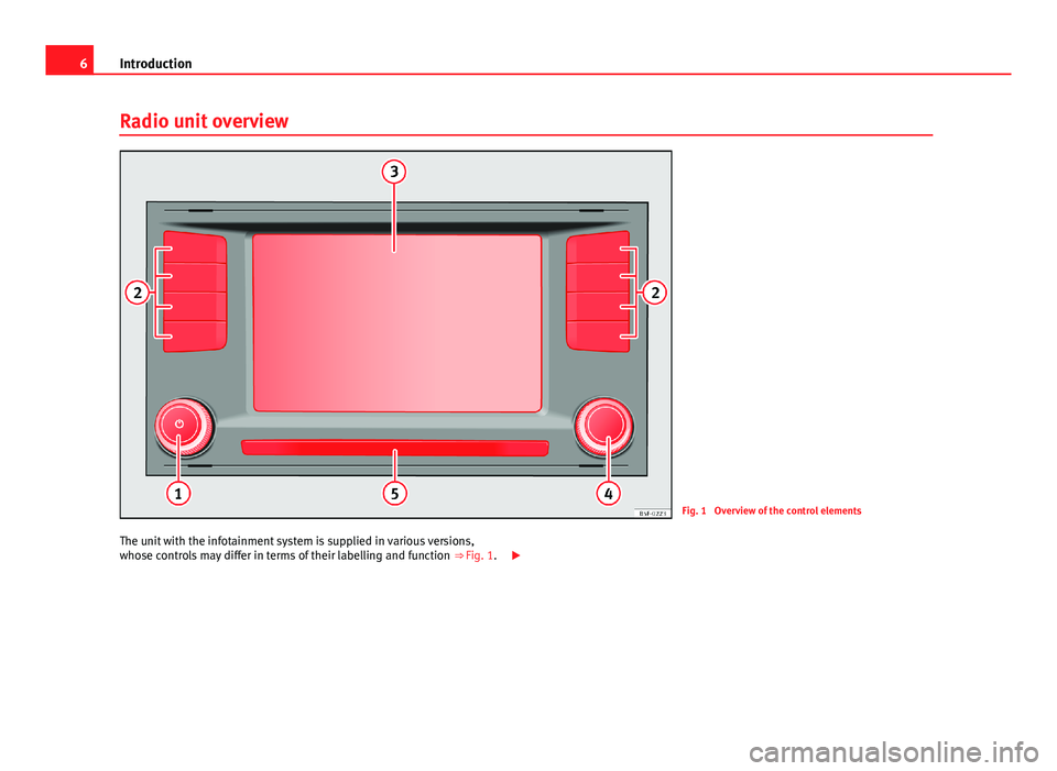 Seat Leon Sportstourer 2013  MEDIA SYSTEM PLUS - NAVI SYSTEM 6IntroductionRadio unit overviewFig. 1 
Overview of the control elements
The unit with the infotainment system is supplied in various versions,whose controls may differ in terms of their labelling and