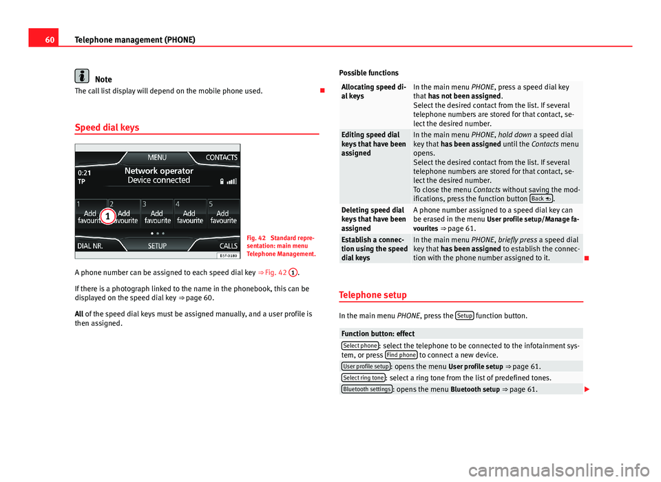 Seat Leon Sportstourer 2013 MEDIA SYSTEM PLUS - NAVI SYSTEM 60Telephone management (PHONE)NoteThe call list display will depend on the mobile phone used.
Speed dial keys
Fig. 42
Standard repre-sentation: main menuTelephone Management.
A phone number can b Seat Leon Sportstourer 2013 MEDIA SYSTEM PLUS - NAVI SYSTEM 60Telephone management (PHONE)NoteThe call list display will depend on the mobile phone used.
Speed dial keys
Fig. 42
Standard repre-sentation: main menuTelephone Management.
A phone number can b