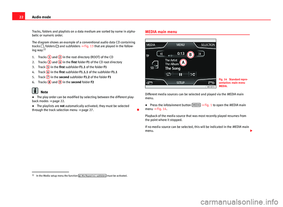 Seat Leon Sportstourer 2013 MEDIA SYSTEM TOUCH - COLOUR 22Audio modeTracks, folders and playlists on a data medium are sorted by name in alpha-betic or numeric order.
The diagram shows an example of a conventional audio data CD containingtracks , folder Seat Leon Sportstourer 2013 MEDIA SYSTEM TOUCH - COLOUR 22Audio modeTracks, folders and playlists on a data medium are sorted by name in alpha-betic or numeric order.
The diagram shows an example of a conventional audio data CD containingtracks , folder