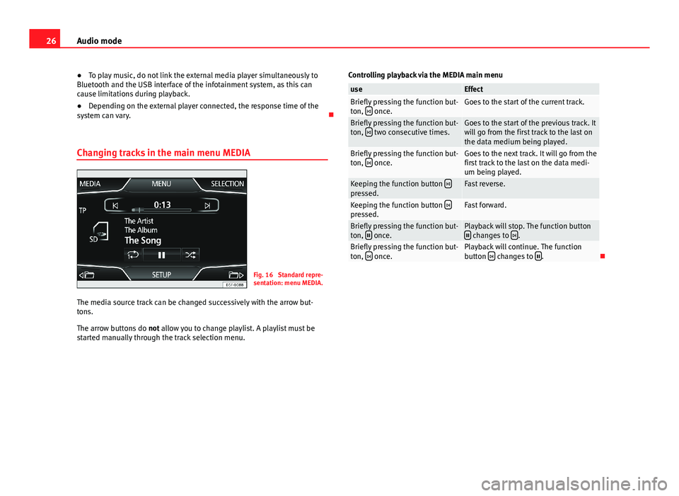 Seat Leon Sportstourer 2013  MEDIA SYSTEM TOUCH - COLOUR 26Audio mode●To play music, do not link the external media player simultaneously toBluetooth and the USB interface of the infotainment system, as this cancause limitations during playback.
●
Depen