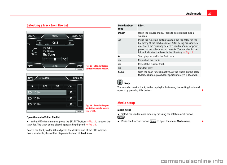 Seat Leon Sportstourer 2013 MEDIA SYSTEM TOUCH - COLOUR 27Audio modeSelecting a track from the listFig. 17
Standard repre-sentation: menu MEDIA.
Fig. 18
Standard repre-sentation: media sourcefolder list.
Open the audio/folder file list.
●
In the MEDIA Seat Leon Sportstourer 2013 MEDIA SYSTEM TOUCH - COLOUR 27Audio modeSelecting a track from the listFig. 17
Standard repre-sentation: menu MEDIA.
Fig. 18
Standard repre-sentation: media sourcefolder list.
Open the audio/folder file list.
●
In the MEDIA