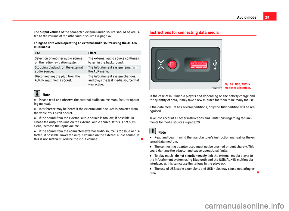 Seat Leon Sportstourer 2013 MEDIA SYSTEM TOUCH - COLOUR 29Audio modeThe output volume of the connected external audio source should be adjus-ted to the volume of the other audio sources ⇒ page 47.
Things to note when operating an external audio source Seat Leon Sportstourer 2013 MEDIA SYSTEM TOUCH - COLOUR 29Audio modeThe output volume of the connected external audio source should be adjus-ted to the volume of the other audio sources ⇒ page 47.
Things to note when operating an external audio source