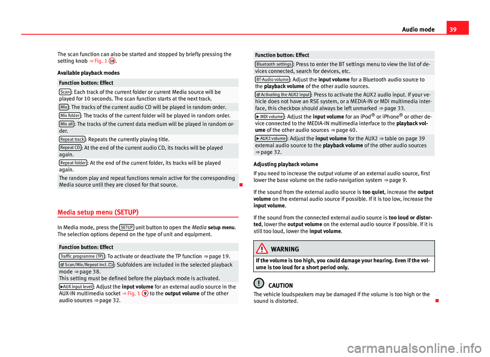 Seat Leon Sportstourer 2013  MEDIA SYSTEM 2.2 39
Audio mode
The scan function can also be started and stopped by briefly pressing the
setting knob ⇒ Fig. 1  10
.
Available playback modes
Function button: EffectScan: Each track of the current 