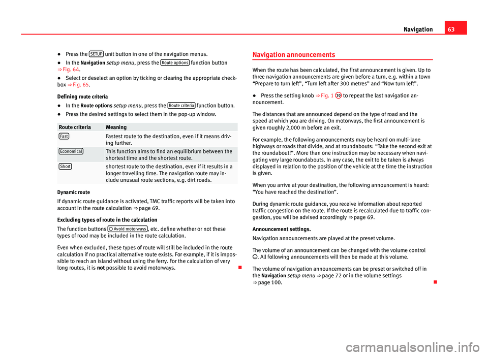 Seat Leon Sportstourer 2013  MEDIA SYSTEM 2.2 63
Navigation
● Press the  SETUP
 unit button in one of the navigation menus.
● In the Navigation setup menu, press the  Route options function button
⇒ Fig. 64.
● Select or deselect an opti