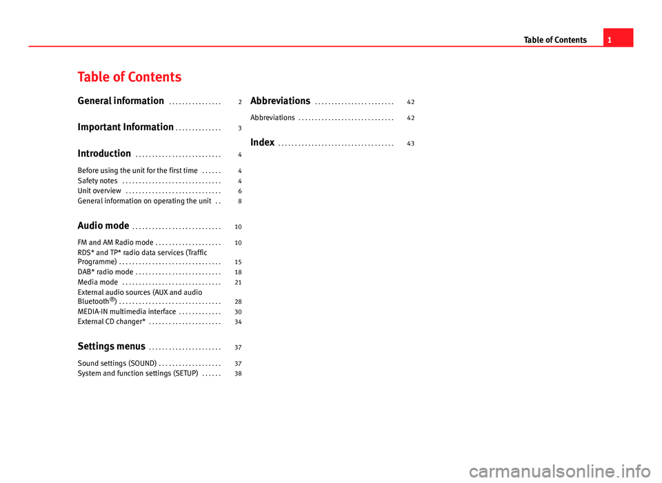 Seat Leon Sportstourer 2013  SOUND SYSTEM 2.0 Table of ContentsGeneral information . . . . . . . . . . . . . . . .2
Important Information . . . . . . . . . . . . . .
3
Introduction . . . . . . . . . . . . . . . . . . . . . . . . . .
4
Before usin