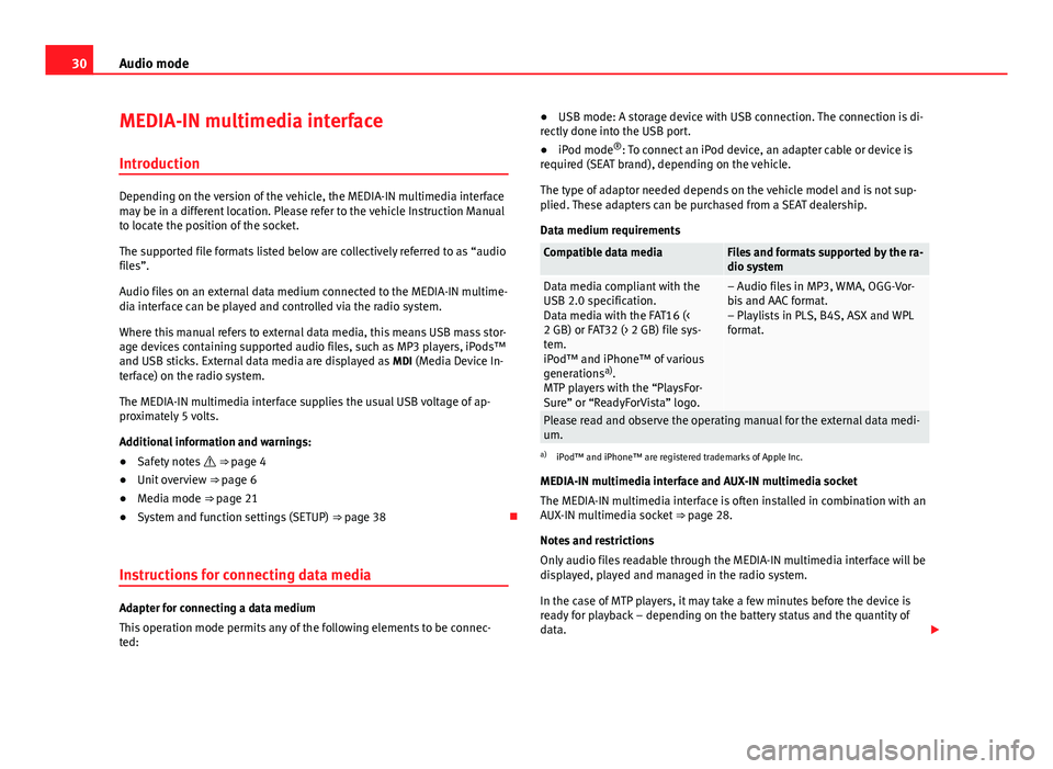 Seat Leon Sportstourer 2013  SOUND SYSTEM 2.0 30Audio modeMEDIA-IN multimedia interface
Introduction
Depending on the version of the vehicle, the MEDIA-IN multimedia interfacemay be in a different location. Please refer to the vehicle Instruction