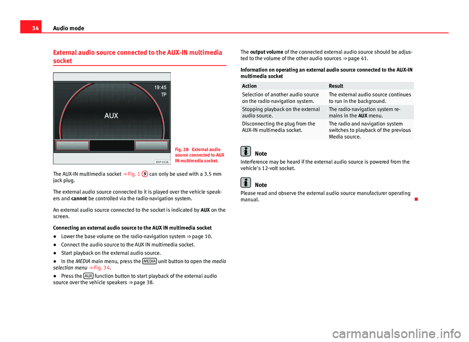 Seat Leon 5D 2012 MEDIA SYSTEM 2.2 34Audio mode
External audio source connected to the AUX-IN multimedia
socket
Fig. 28 External audio
source connected to AUX
IN multimedia socket.
The AUX-IN multimedia socket ⇒ Fig. 1 9
can on Seat Leon 5D 2012 MEDIA SYSTEM 2.2 34Audio mode
External audio source connected to the AUX-IN multimedia
socket
Fig. 28 External audio
source connected to AUX
IN multimedia socket.
The AUX-IN multimedia socket ⇒ Fig. 1 9
can on