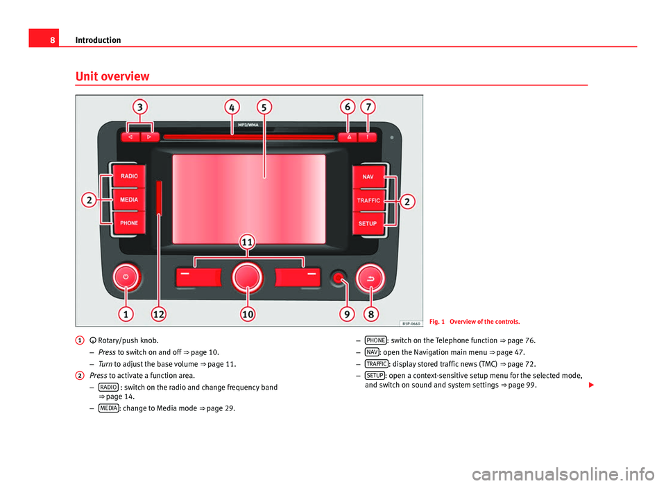 Seat Leon 5D 2012  MEDIA SYSTEM 2.2 8Introduction
Unit overview
Fig. 1  Overview of the controls.
 Rotary/push knob.
– Press to switch on and off  ⇒ page 10.
– Turn to adjust the base volume  ⇒ page 11.
Press to activate 