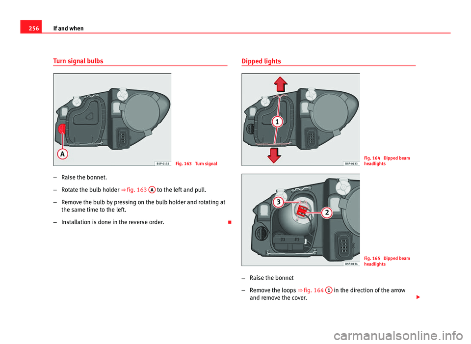 Seat Leon 5D 2011  Owners manual 256If and when
Turn signal bulbs
Fig. 163  Turn signal
– Raise the bonnet.
– Rotate the bulb holder ⇒ fig. 163  A
 to the left and pull.
– Remove the bulb by pressing on the bulb holder and 