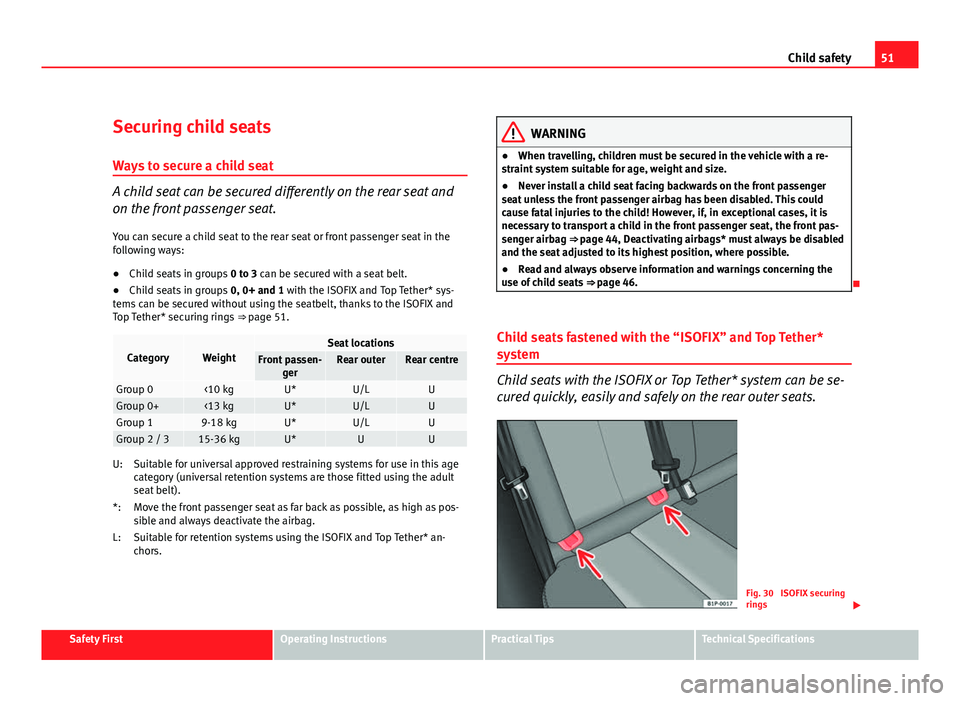 Seat Leon 5D 2011 Workshop Manual 51
Child safety
Securing child seats
Ways to secure a child seat
A child seat can be secured differently on the rear seat and
on the front passenger seat. You can secure a child seat to the rear seat Seat Leon 5D 2011 Workshop Manual 51
Child safety
Securing child seats
Ways to secure a child seat
A child seat can be secured differently on the rear seat and
on the front passenger seat. You can secure a child seat to the rear seat