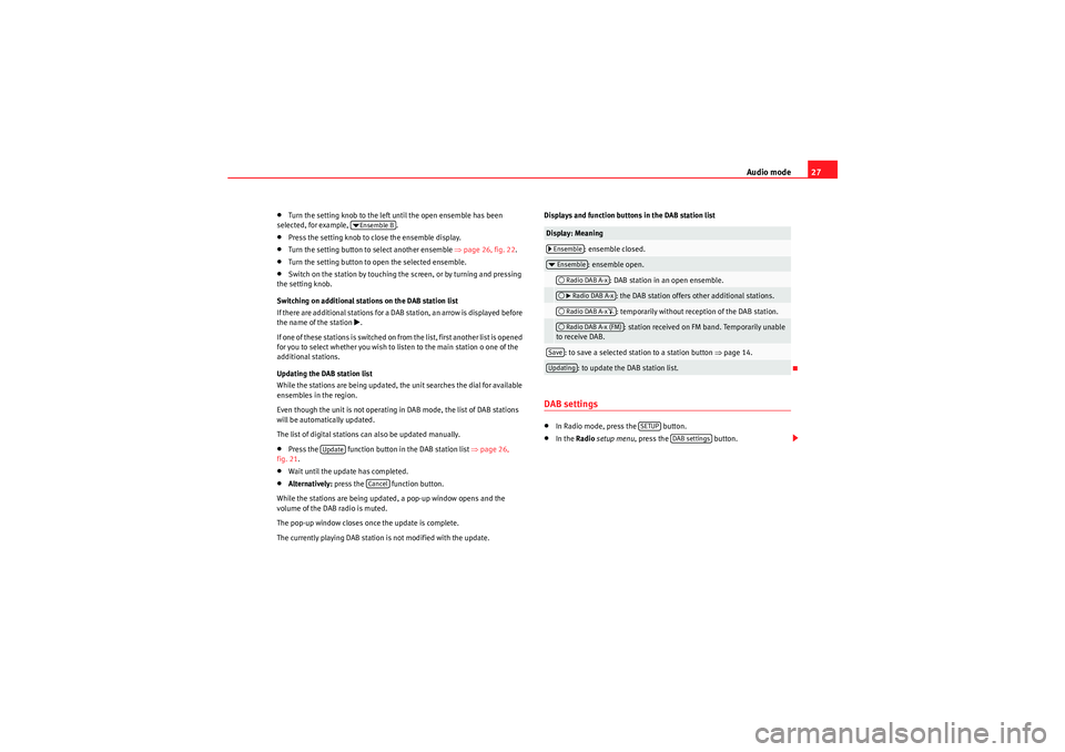 Seat Leon 5D 2010  MEDIA SYSTEM 2.2 Audio mode27
•Turn the setting knob to the left until the open ensemble has been 
selected, for example,  .•Press the setting knob to close the ensemble display.•Turn the setting button to selec
