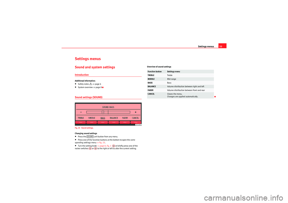 Seat Leon 5D 2010 SOUND SYSTEM 2.0 Settings menus33
Settings menusSound and system settingsIntroductionAdditional information:•Safety notes
⇒ page 6
•System overview ⇒ page 8Sound settings (SOUND)Fig. 23 Sound settings.Ch Seat Leon 5D 2010 SOUND SYSTEM 2.0 Settings menus33
Settings menusSound and system settingsIntroductionAdditional information:•Safety notes
⇒ page 6
•System overview ⇒ page 8Sound settings (SOUND)Fig. 23 Sound settings.Ch