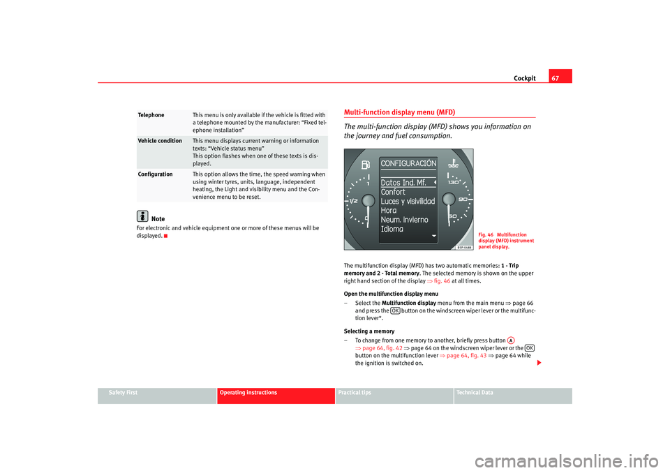 Seat Leon 5D 2008  Owners manual Cockpit67
Safety First
Operating instructions
Practical tips
Te c h n i c a l  D a t a
Note
For electronic and vehicle equipment on e or more of these menus will be 
displayed.
Multi-function display 