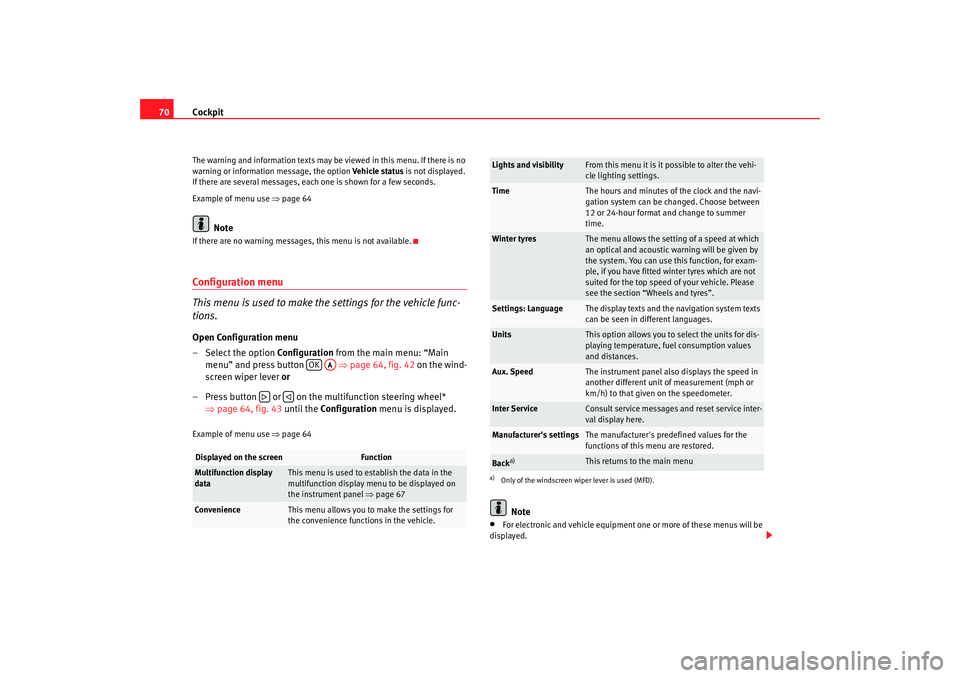 Seat Leon 5D 2008  Owners manual Cockpit
70The warning and information texts may be viewed in this menu. If there is no 
warning or information message, the option  Vehicle status is not displayed. 
If there are several messages, eac