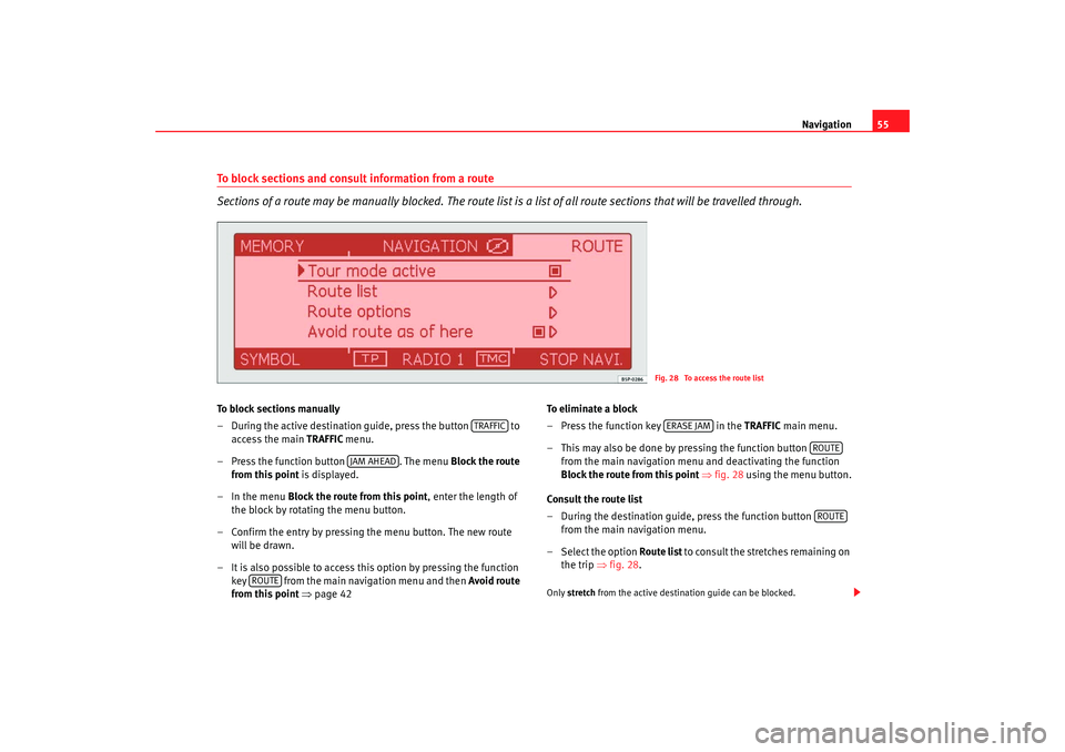 Seat Leon 5D 2008  RADIO-NAVIGATION 300 MP3 Navigation55
To block sections and consult information from a route
Sections of a route may be manually blocked. The route list is  a list of all route sections that will be travelled through. To bloc