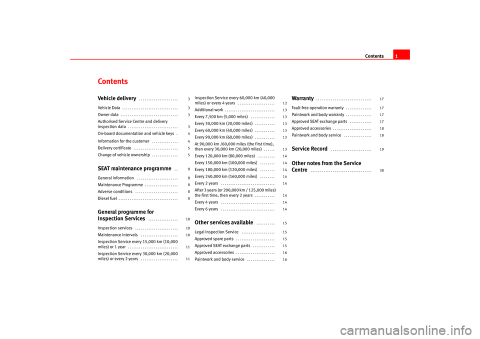 Seat Leon 5D 2007  Maintenance programme Contents1
ContentsVehicle deliver y
 . . . . . . . . . . . . . . . . . . . . . 
Vehicle Data
. . . . . . . . . . . . . . . . . . . . . . . . . . . . . . 
Owner data
. . . . . . . . . . . . . . . . . .