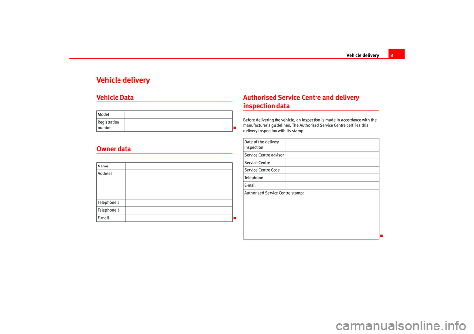 Seat Leon 5D 2007  Maintenance programme Vehicle delivery3
Vehicle deliveryVehicle DataOwner data Authorised Service Centre and delivery 
inspection dataBefore delivering the vehicle, an inspection is made i
n accordance with the 
manufactur