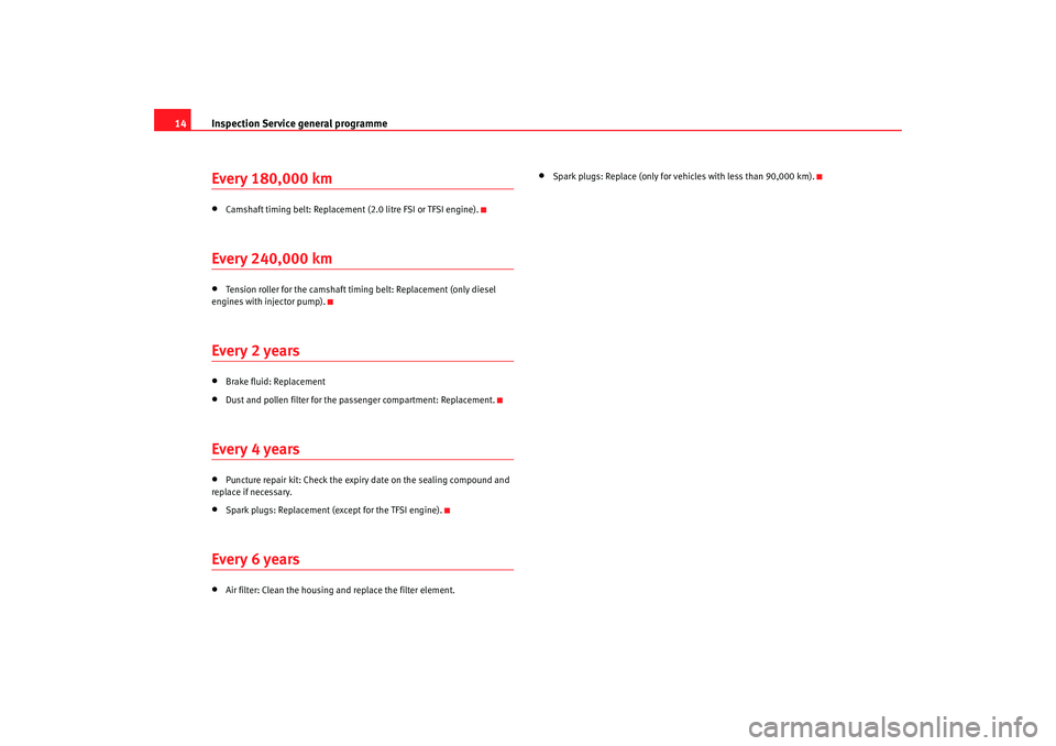 Seat Leon 5D 2006  RADIO MP3 Inspection Service general programme
14Every 180,000 km•
Camshaft timing belt: Replacement  (2.0 litre FSI or TFSI engine).
Every 240,000 km•
Tension roller for the camshaft timing belt: Replacem 