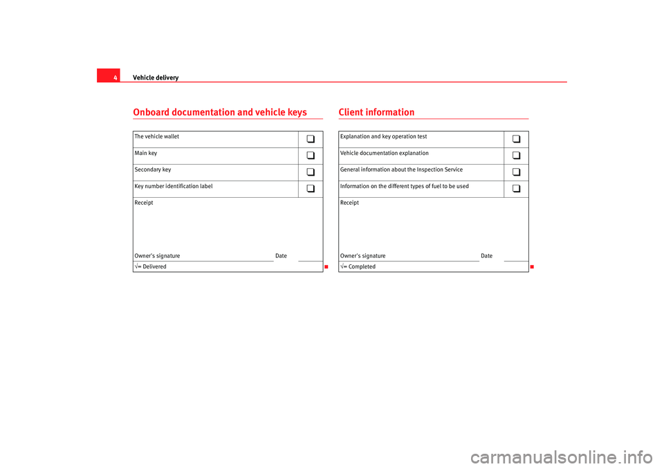 Seat Leon 5D 2006  RADIO MP3 Vehicle delivery
4Onboard documentation and vehicle keys
Client information
The vehicle wallet

Main key

Secondary key

Key number identification label

Receipt
Owners signature Date
√