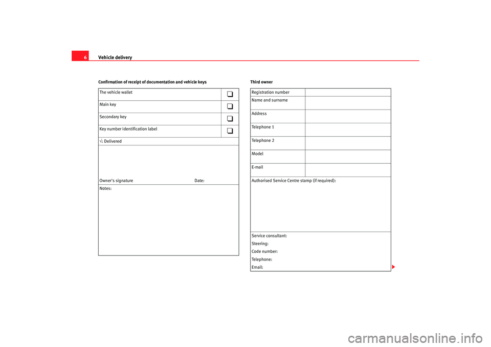 Seat Leon 5D 2006  RADIO MP3 Vehicle delivery
6Confirmation of receipt of documentation and vehicle k eysThird owner
The vehicle wallet

Main key

Secondary key

Key number identification label

√ : Delivered
Owner
