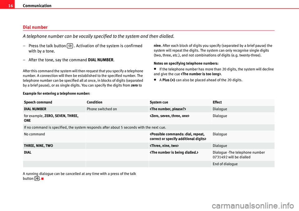 Seat Leon 5D 2006  COMMUNICATION SYSTEM Communication
16
Dial number
A telephone number can be vocally specified to the system and then dialled.
– Press the talk button   . Activation of the system is confirmed 
with by a tone.
– After 