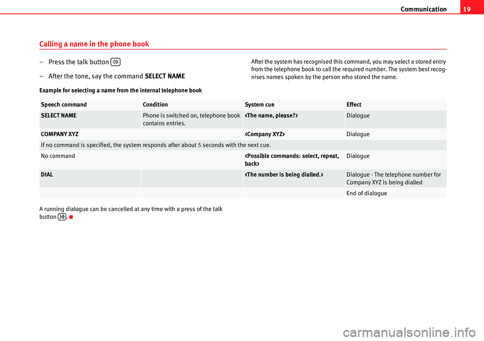 Seat Leon 5D 2006  COMMUNICATION SYSTEM Communication19
Calling a name in the phone book
– Press the talk button 
– After the tone, say the command  SELECT NAMEAfter the system has recognised this command, you may select a stored entry 