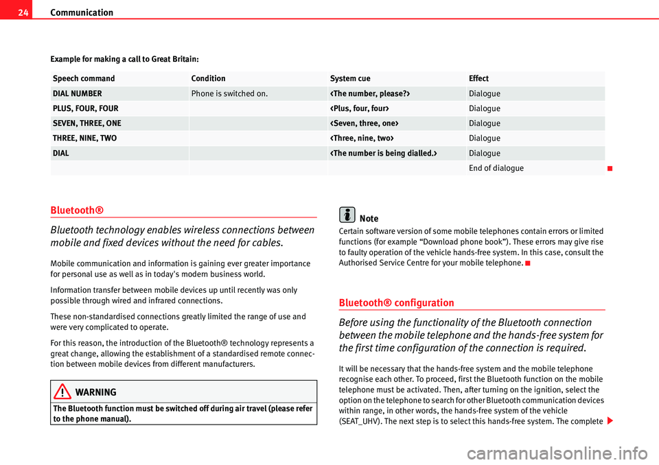 Seat Leon 5D 2006  COMMUNICATION SYSTEM Communication
24
Example for making a call to Great Britain:
Bluetooth®
Bluetooth technology enables wireless connections between 
mobile and fixed devices without the need for cables.
Mobile communi