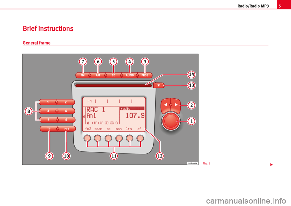 Seat Leon 5D 2005  RADIO MP3 5Radio/Radio MP3
BBrriieeff iinnssttrruuccttiioonnss
General frame
76543
2
1
1112109
8
13
14
BRS-0054Fig. 1 
