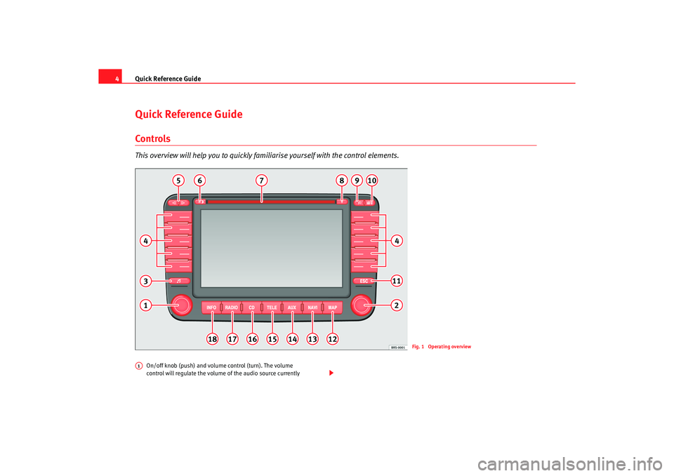 Seat Leon 5D 2005  RADIO-NAVIGATION MFD2 Quick Reference Guide
4Quick Reference GuideControlsThis overview will help you to quickly fami liarise yourself with the control elements.
On/off knob (push) and volume control (turn). The volu me 
c