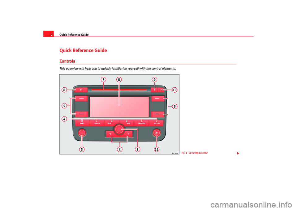 Seat Leon 5D 2005 RADIO-NAVIGATION 300 MP3 Quick Reference Guide
2Quick Reference GuideControlsThis overview will help you to quickly fami liarise yourself with the control elements.
Fig. 1 Operating overview
Radionaveg300_angles Seite 2 Do Seat Leon 5D 2005 RADIO-NAVIGATION 300 MP3 Quick Reference Guide
2Quick Reference GuideControlsThis overview will help you to quickly fami liarise yourself with the control elements.
Fig. 1 Operating overview
Radionaveg300_angles Seite 2 Do