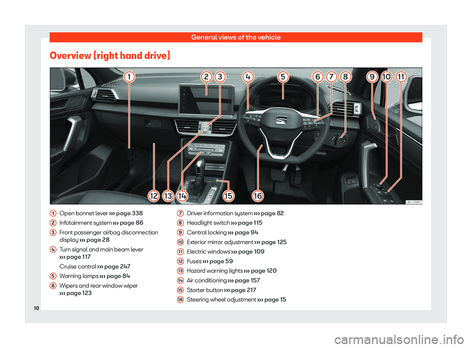 Seat Tarraco 2020  Owners manual General views of the vehicle
Overview (right hand drive) Open bonnet lever 
››
› page 338
Infotainment system  ››› page 86
Front passenger airbag disconnection
display  ››› page 28
T