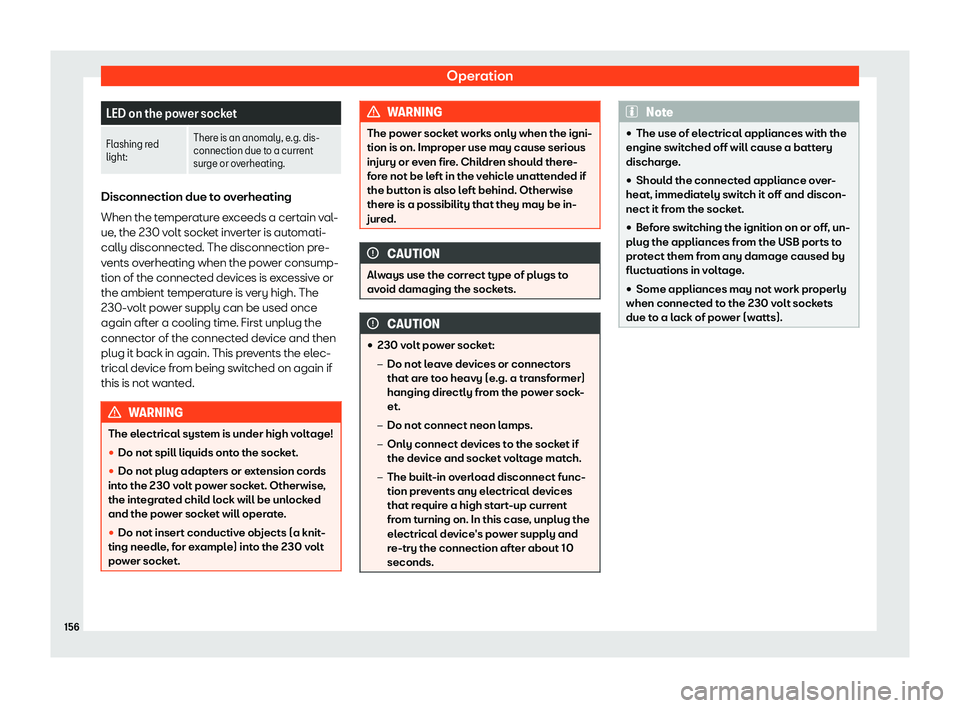 Seat Tarraco 2020 User Guide Operation
LED on the power socket
Flashing red
light: There is an anomaly, e.g. dis-
connection due t
o a curr
ent
surge or overheating. Disconnection due to overheating
When the t
emper

ature exceed