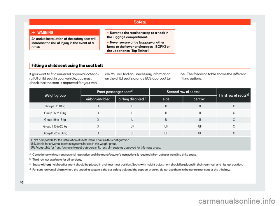 Seat Tarraco 2020 Service Manual Safety
WARNING
An undue installation of the safety seat will
incr ease the risk of injury in the e
vent of a
crash. 